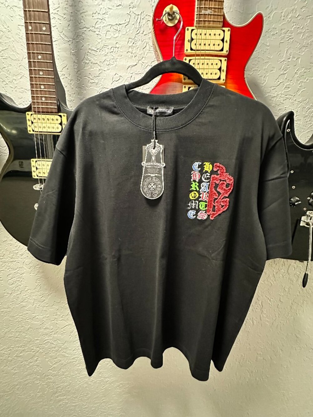 CHROME HEARTS Red Vine Dagger Black Heavyweight Cotton Embroidered Tee Shirt L